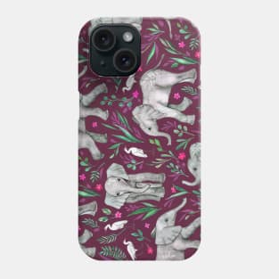 Baby Elephants and Egrets in Watercolor - burgundy red Phone Case