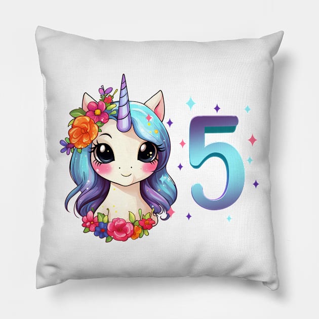 I am 5 with unicorn - girl birthday 5 years old Pillow by Modern Medieval Design