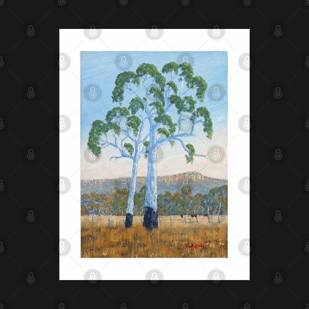 Gum Trees, Looking to Mt Stuart Townsville - Oil on board by pops