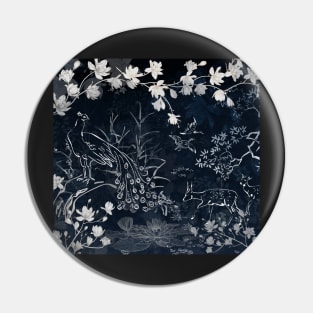 Peacock on dark background with magnolia and sakura tree Pin