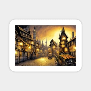 A brightly lit tudor village at night Magnet