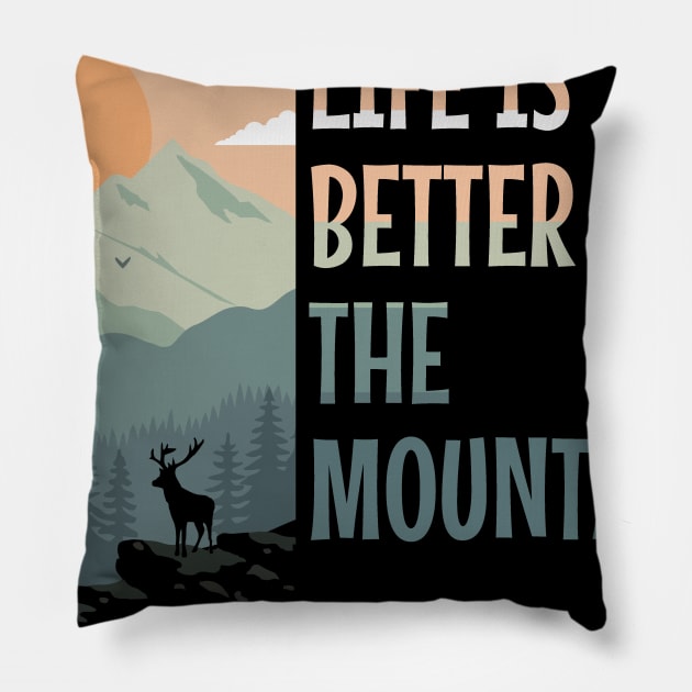 LIFE IS BETTER IN THE MOUNTAINS Pastel Colored Mountain Forest Sunset View With A Goat On The Rocks Pillow by Musa Wander