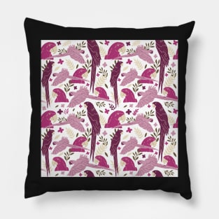 Ara Parrot Tropical Leaves Pink and Bordeaux Pillow