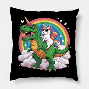 Unicorn Riding T-Rex Dinosaur Rainbow Pillow