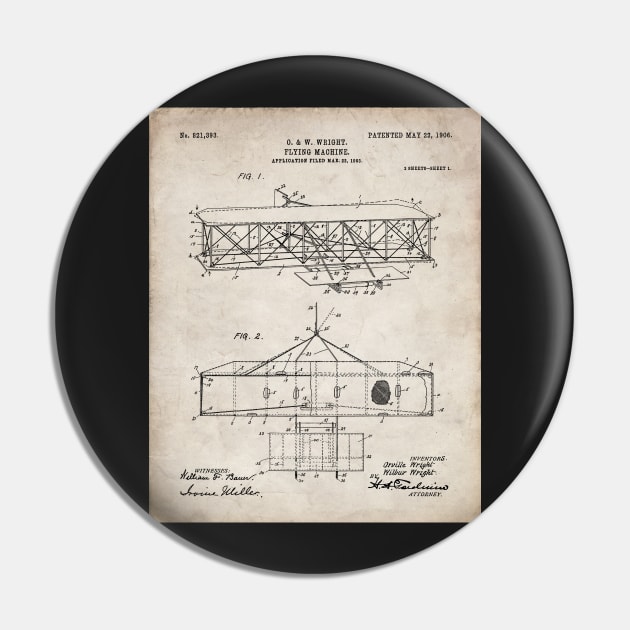 Wright Brothers Airplane Patent - Aviation History Art - Antique Pin by patentpress