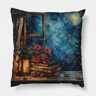 Fantasy winter starry night window Pillow