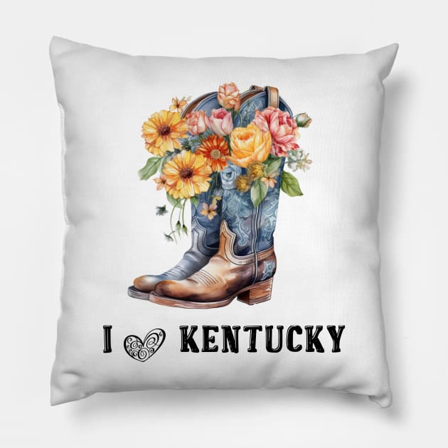 I Love Kentucky Boho Cowboy Boots with Flowers Watercolor Art Pillow by AdrianaHolmesArt