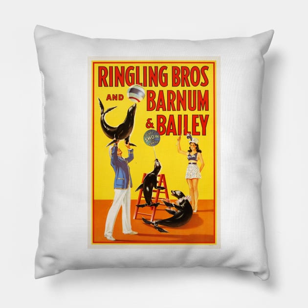 Ringling Bros Barnum & Bailey CIRCUS ACROBATIC SEA LIONS and TRICKS Vintage American Pillow by vintageposters