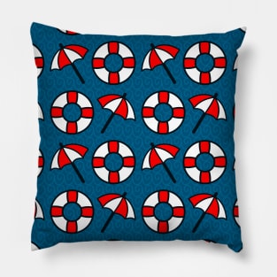 Red and white ubrellas with rounded float over blue navy background. Summer vibes Pillow