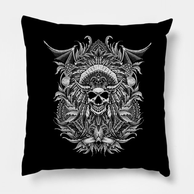 Indian Skull tribal art Pillow by Pixel Poetry