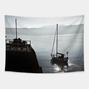 The yacht Ayesha heads out to sea from Scarborough, Yorkshire, UK Tapestry