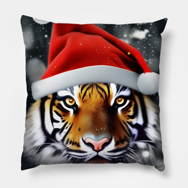 Tiger with Christmas Hat Pillow by SmartPufferFish