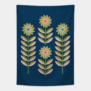 LOVE ME LOVE ME NOT Folk Art Mid-Century Modern Scandi Floral in Pink and Green on Dark Blue - UnBlink Studio by Jackie Tahara Tapestry