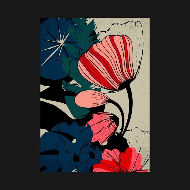 Flowers and leaves – Floral illustration in red, rose and dark colors by Piakolle