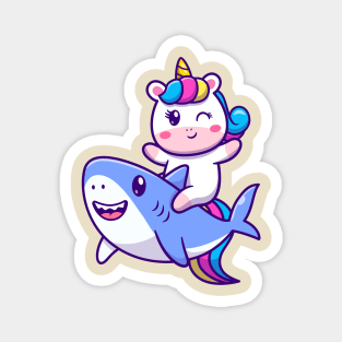 Cute Unicorn Riding Shark Cartoon Magnet