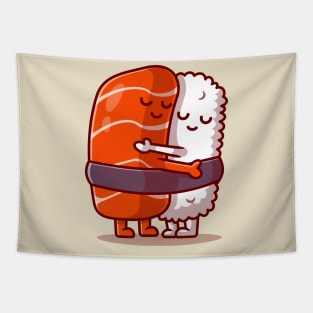 Cute Sushi Salmon Couple Hug Cartoon Tapestry