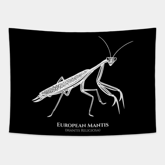 Praying Mantis with Common and Latin Names - on black Tapestry by Green Paladin