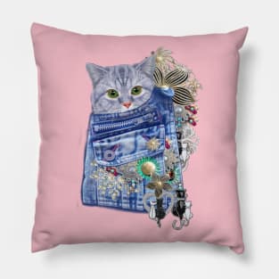 Blue Denim, lace - Costume Jewelry & Cute kitten Pillow