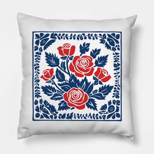 Blue and white roses scandinavian folk art style Pillow by craftydesigns