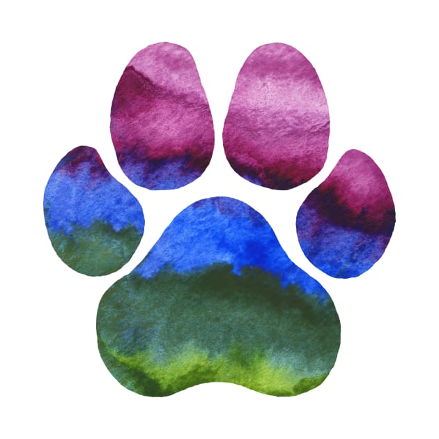 Purple Blue and Green Watercolor Paw Print by dragonstarart