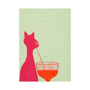 Sipping Kitty Retro Poster Vintage Art Cocktail Wall Orange Pink Illustration T-Shirt