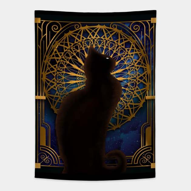 Celestial Sable - Black Cat And Night Magic Mandala Tapestry by LittleBunnySunshine