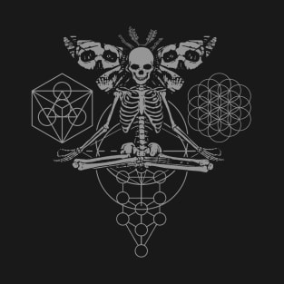 Occult Moth Meditating Skeleton Yoga Sacred Geometry T-Shirt