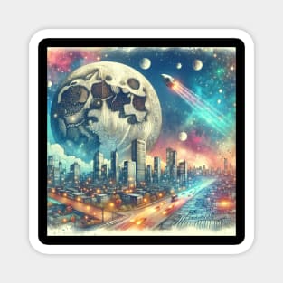 Surreal Collage Art City Moon Spaceship Drawing Magnet