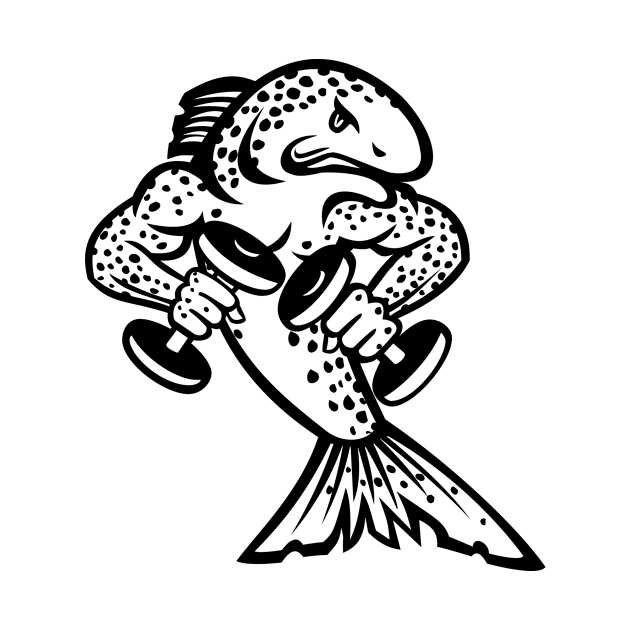 Muscular Brown Trout or Salmon Breaking Lifting Dumbbell Weights Cartoon Mascot Black and White by patrimonio