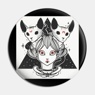 Geisha With Two Sphynx Cats And Snake Wall Art Print Pin