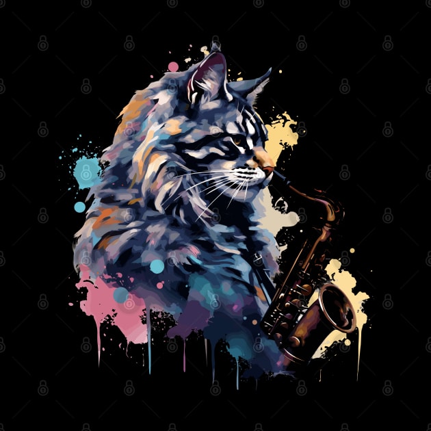 Maine Coon Cat Playing Saxophone by Graceful Designs