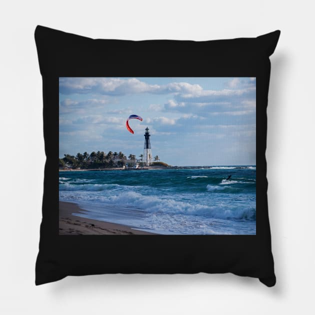 Pompano Beach Kiteboarder Hillsboro Lighthouse Pillow by WayneOxfordPh