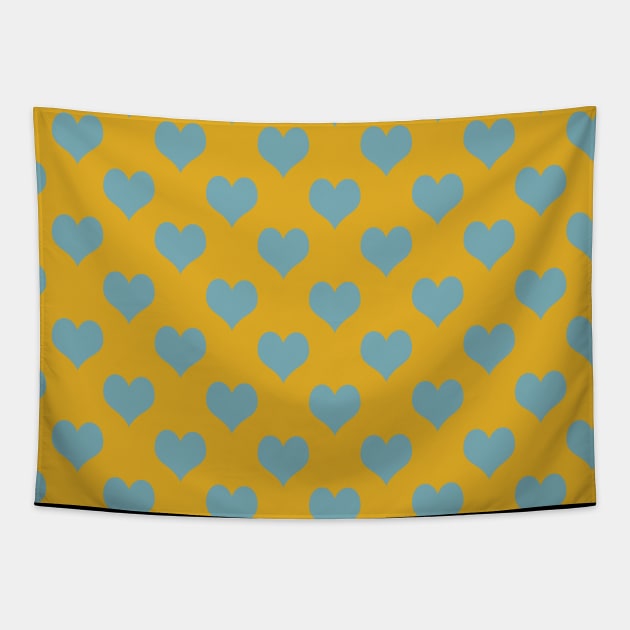 Warm Mustard and Blue Heart Pattern Tapestry by Rhubarb Myrtle