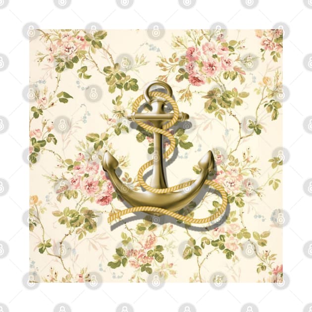 1980s cottagecore shabby chic beige floral nautical anchor by Tina