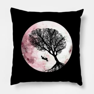 Pink moon, tree and young girl on swing ,cute, space, night, aesthetic, nature Pillow