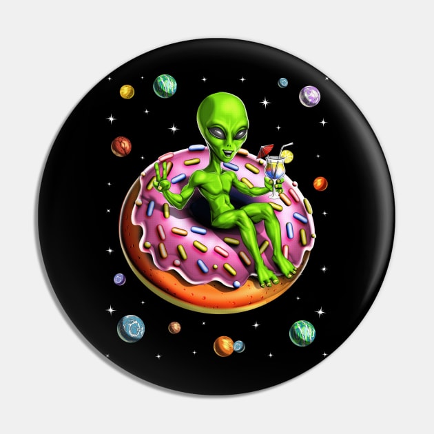 Space Alien Riding Donut Pin by underheaven