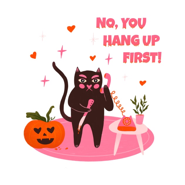 No you hang up first. Funny Halloween black cat illustration. Scream movie art by WeirdyTales