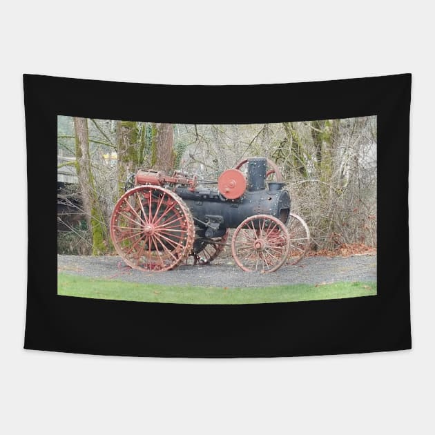 vintage Vernonia Christmas old fashioned steam tractor Tapestry by DlmtleArt