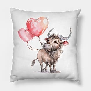 Valentine Wildebeest Holding Heart Shaped Balloons Pillow