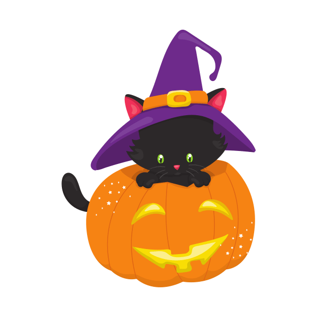 Halloween Cat, Black Cat, Witch Hat, Pumpkin by Jelena Dunčević