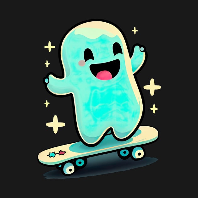 little kawaii ghost go skateboarding by artomix