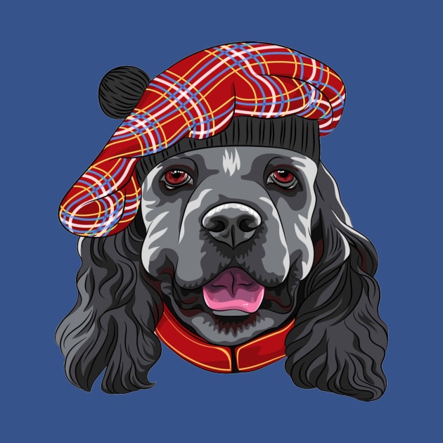 Funny smiling dog American Cocker Spaniel in red Scottish Tam by amramna