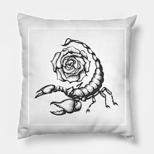 Scorpio and Rose Flower Tattoo in Engraving Style Pillow