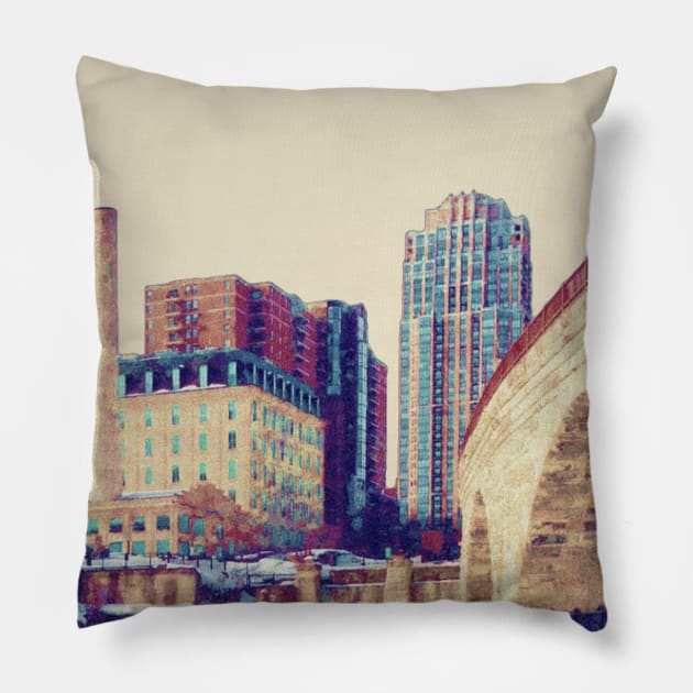 Minneapolis Skyline at the Stone Arch Bridge and Mill Ruins Park Pillow by tonylonder