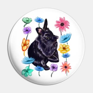 bunny rabbit cute  ebony blue colored coloured lionhead bunny rabbit among watercolor flowers Pin