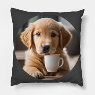 Cute Golden Retriever Puppy With Coffee Pillow