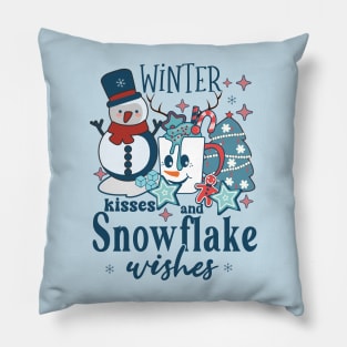 Winter kisses and snowflake wishes Retro Winter Snowman Pillow