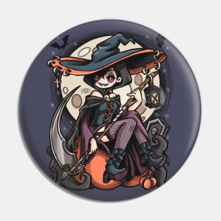 Magic witch with scythe on a pumpkin Pin