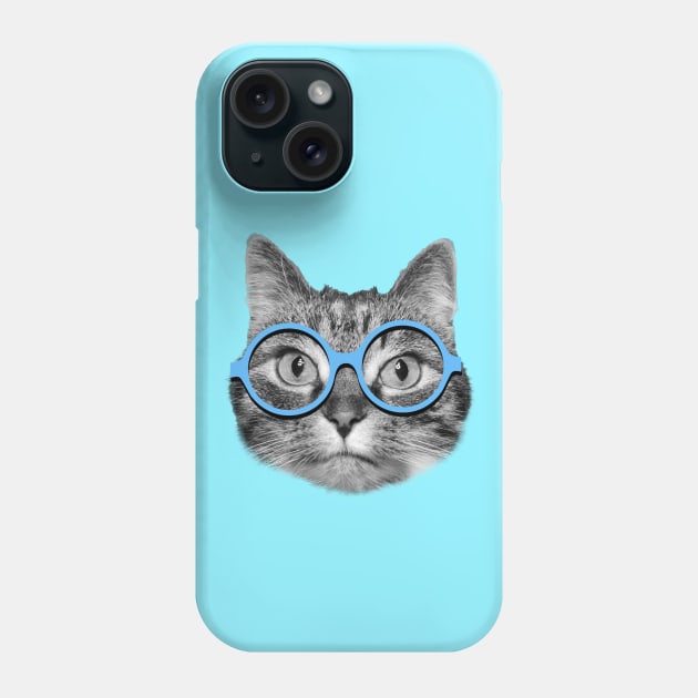 Cute hipster cat wearing big blue eyeglasses Phone Case by Purrfect