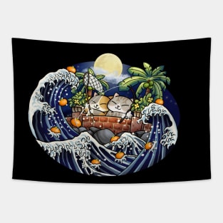 Chubby Cats Lantern Festival Fishing Orange Tapestry